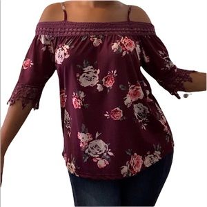 Maroon Floral Print Off the Shoulder Top w/Straps